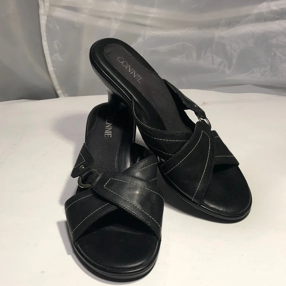 Connie Women's Wiggle Black Heeled Leather Mules, Size 9 1/2” M - Picture 1 of 16